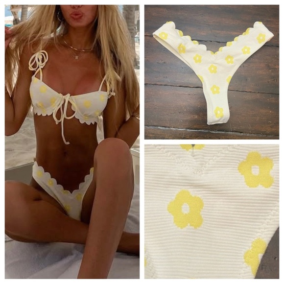 New! For Love And Lemons White Yellow Floral thong Bikini Bottom 1894 - Picture 1 of 12